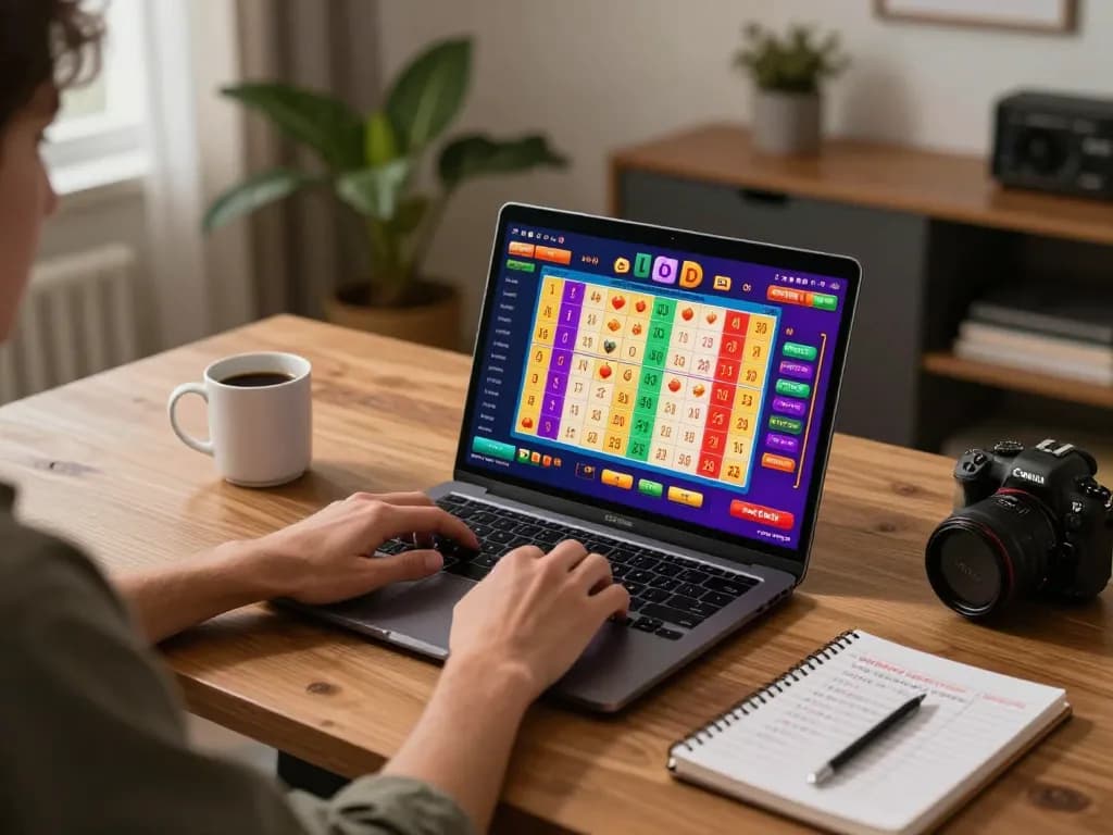 Engaging in lô đề online gaming at a modern home office setup with betting notes and coffee.