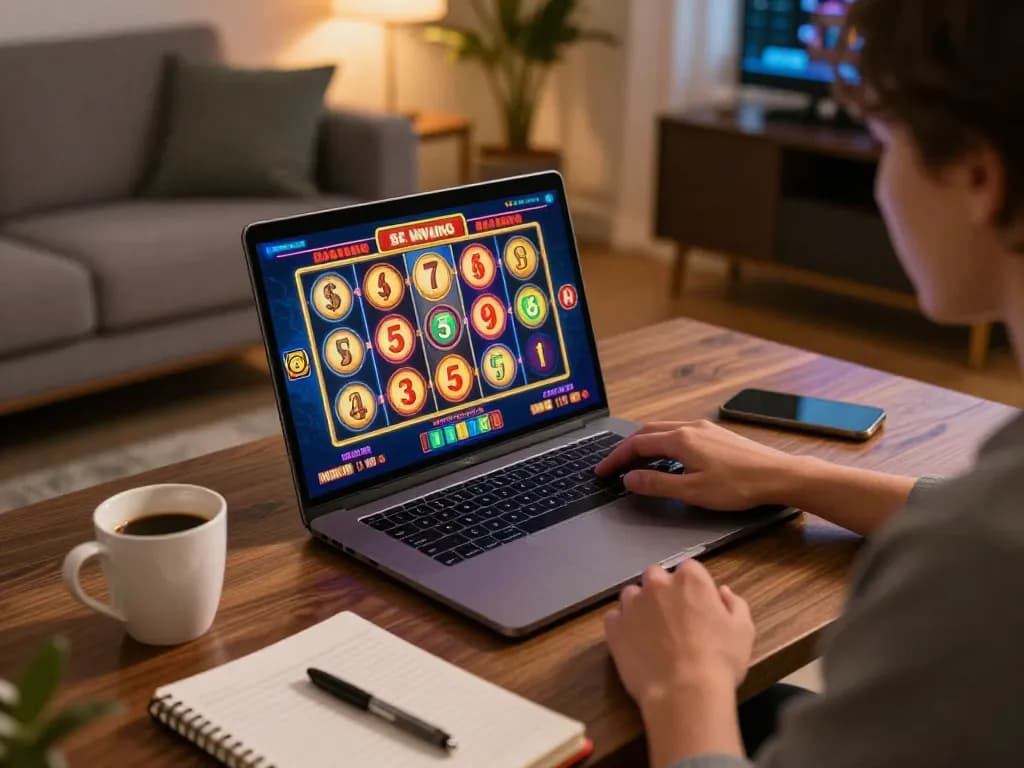 Engaging in VIC88 đổi thưởng while playing online slots in a cozy home setting.