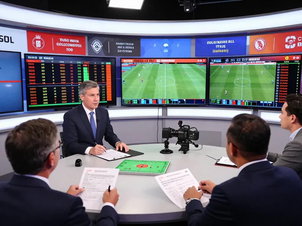 Expert discussing kèo nhà cái in a vibrant sports betting studio with live updates and match statistics.