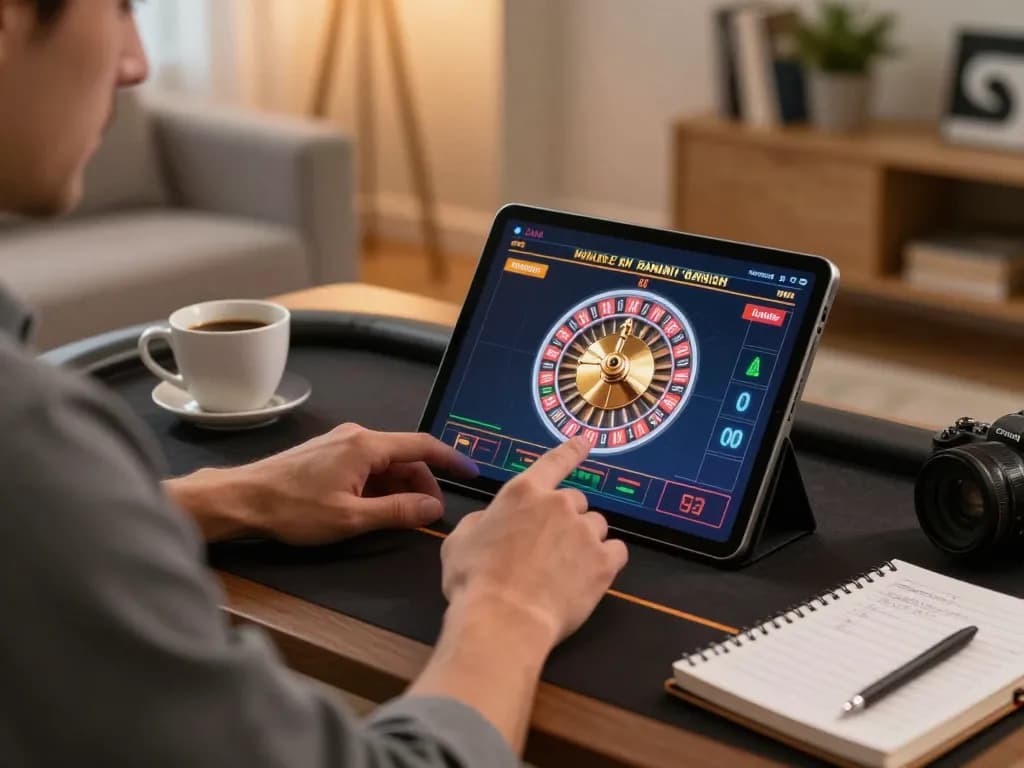 Bet88 online user making strategic bets during roulette gameplay on their tablet in a cozy living room setting.