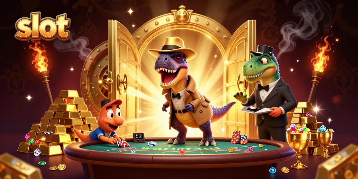 Menang jackpot slot sambil dikelilingi harta karun dengan grafis 3D menakjubkan.