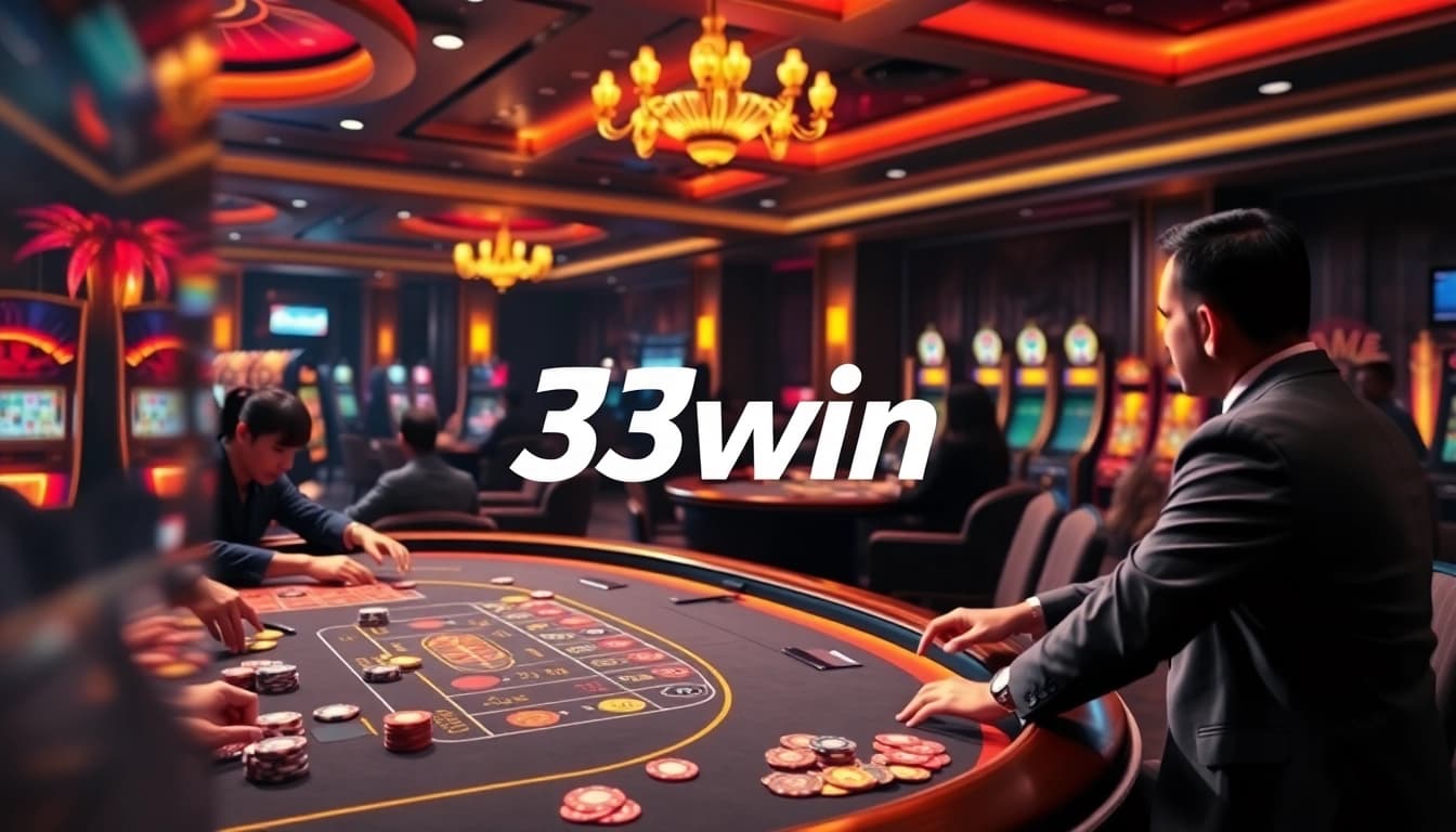 Players enjoying the thrilling games at 33win's vibrant casino table, featuring professional dealers and exciting action.