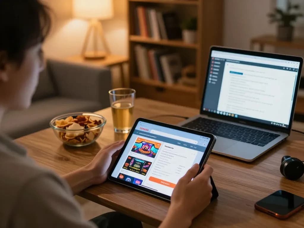 Player engaging with the sunwin app on a tablet while enjoying a cozy home gaming experience.