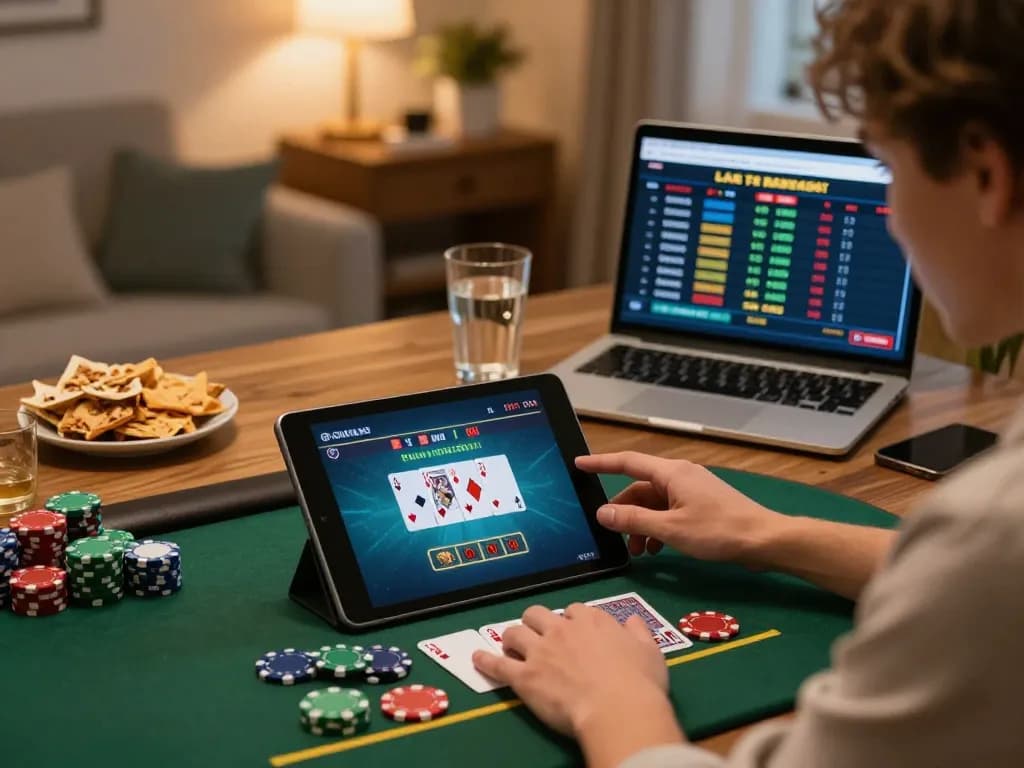 Player engaging in online blackjack at nk88, showcasing a tablet screen with cards and chips in a cozy home environment.