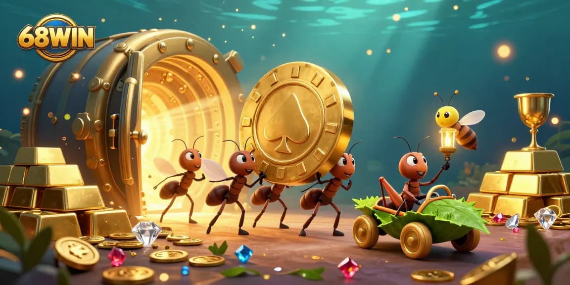 Engage with 68WIN as 3D ants pull a giant poker chip in a colorful heist scene filled with treasures.