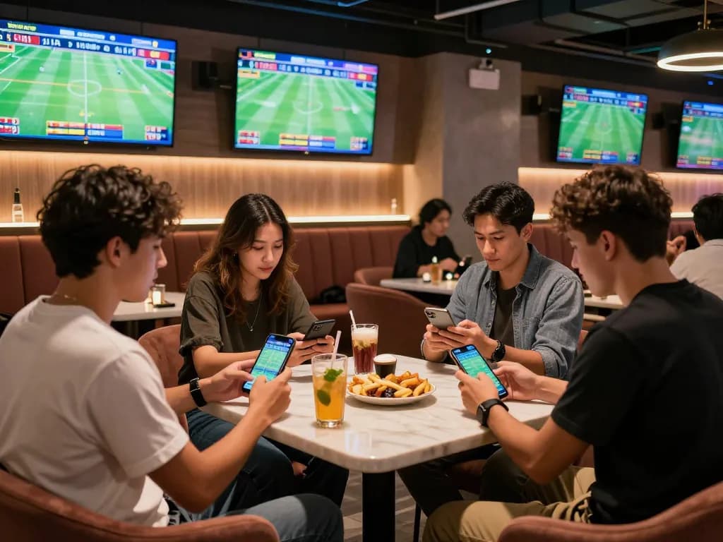 Tỷ lệ kèo trực tuyến highlighted by friends placing bets in a vibrant sports betting lounge.