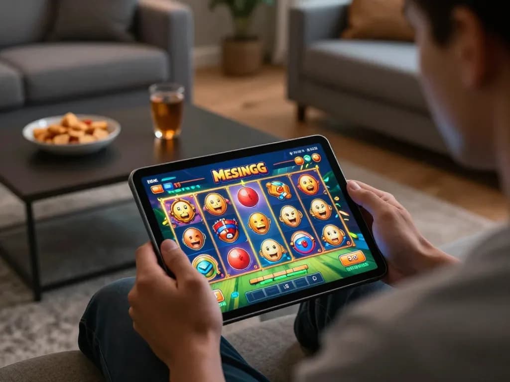 Engaged player enjoying Mesingg online slot game on a tablet in a cozy living room