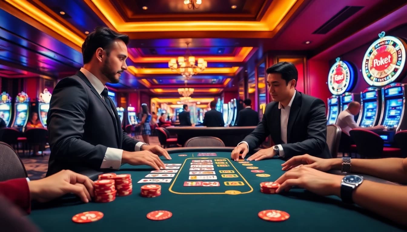 Experience the thrill of AT99娛樂城 with vibrant casino games and engaging players around a poker table.