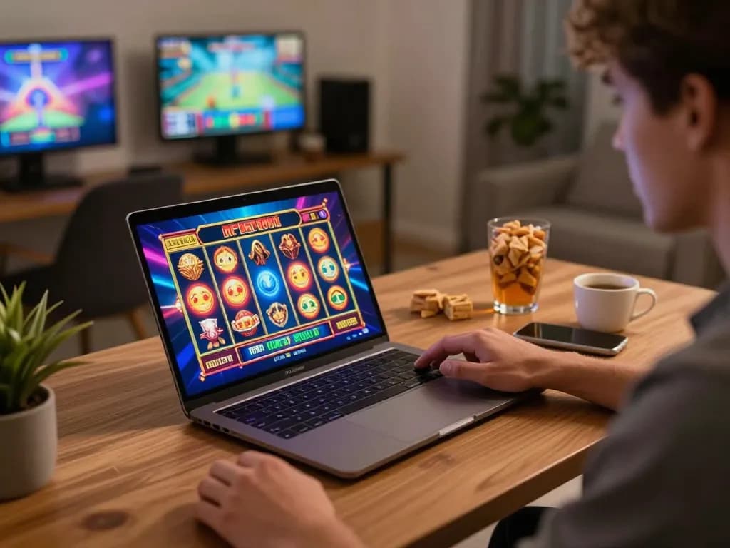Engaging online slot gameplay with KO66 at a stylish home office desk.