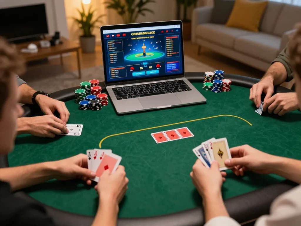 MPOID players enjoying an engaging online poker game with vibrant chips and cozy atmosphere.