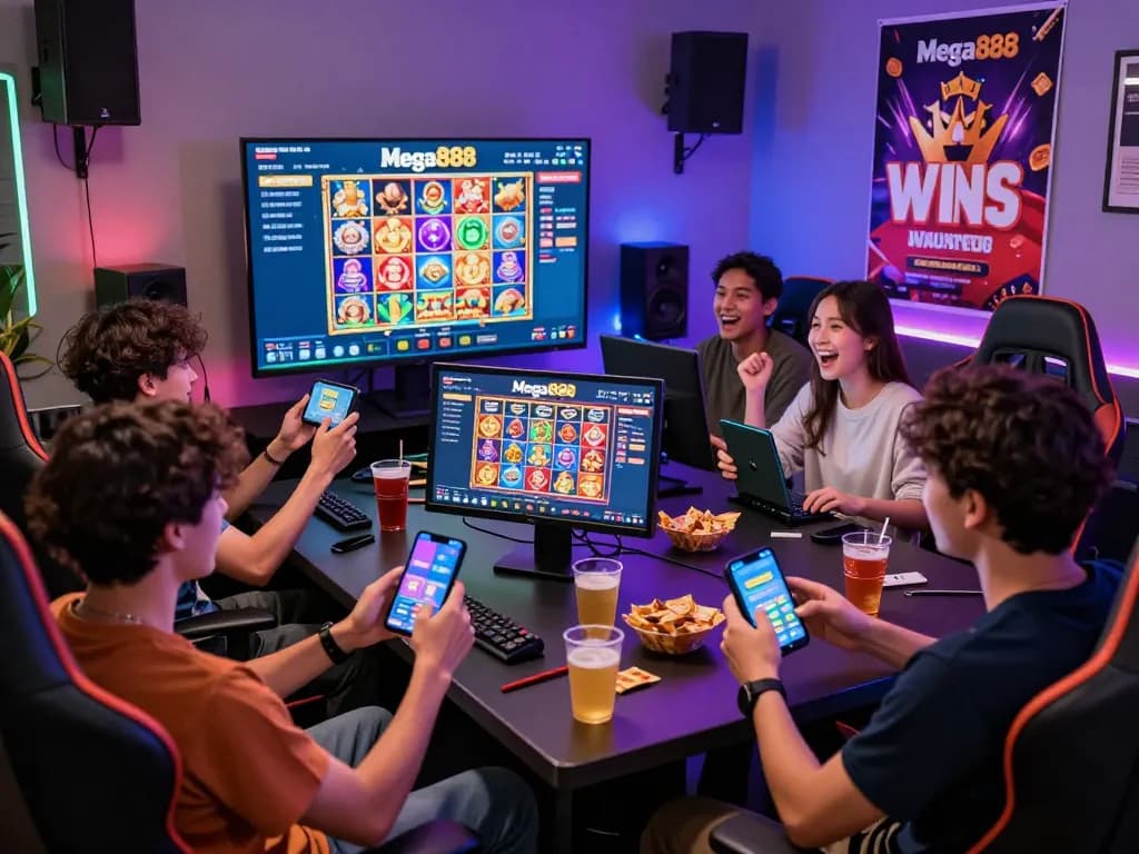 Exciting Mega888 apk original download gaming experience with players celebrating wins.