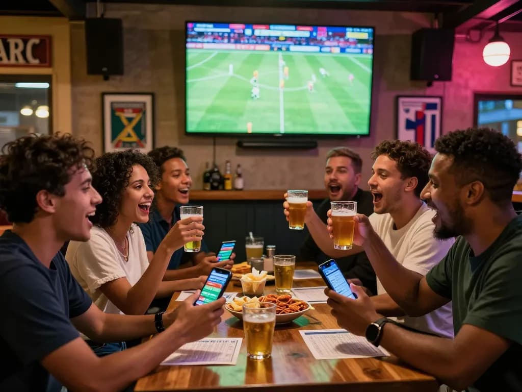 Exciting sports betting South Africa scene with friends cheering for soccer while using a betting app in a lively bar.