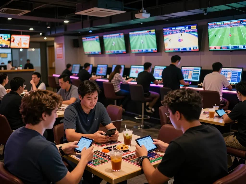 Dynamic sports betting lounge showcasing tỷ lệ kèo nhà cái hôm nay with excited bettors engaging in live matches