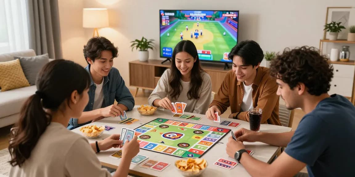 Play Rummy with friends in a cozy living room, enjoying vibrant cards and snacks.