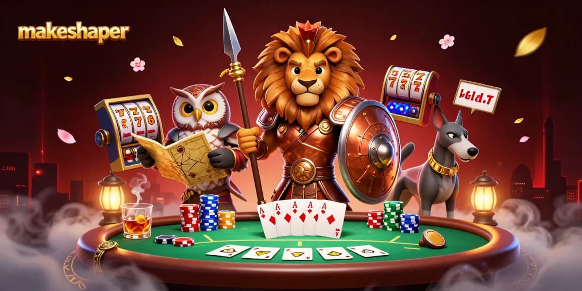 Engage in high-stakes gaming with makeshaper's vibrant casino scene showcasing thrilling slot reels and poker action.