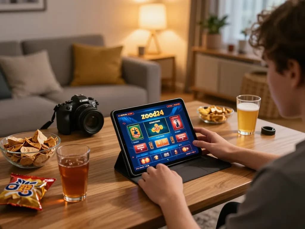 Engaging in online gaming on zood24 from a cozy home setup with snacks and tablet interface.