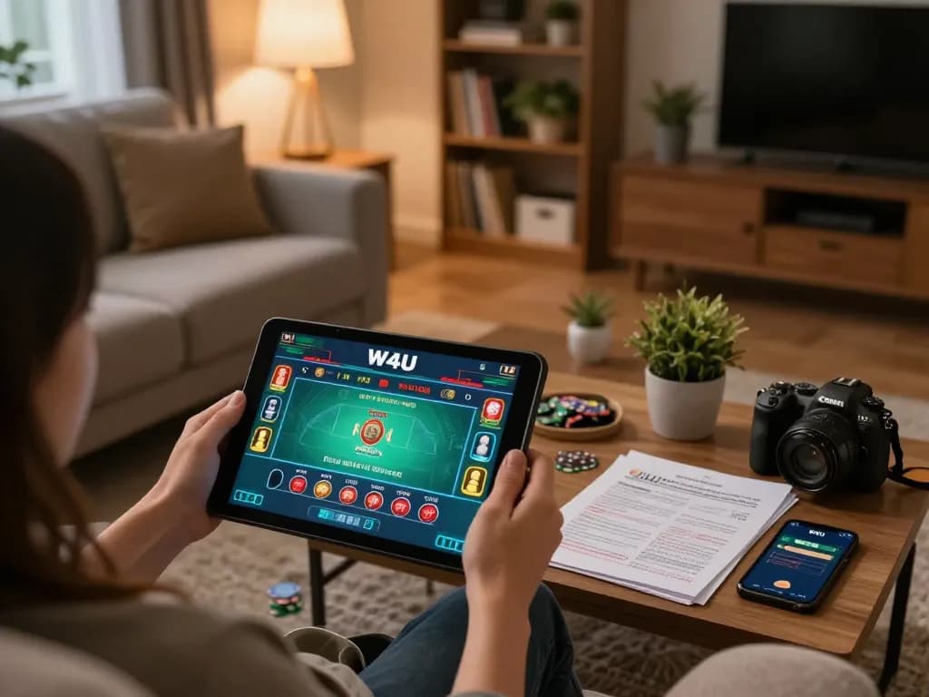 Person using W4U tablet app for online gambling during cozy home gaming session
