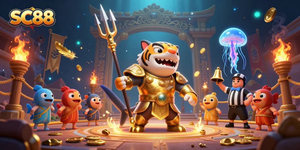 SC88 captures thrilling underwater casino action with a golden shark gladiator and betting elements.