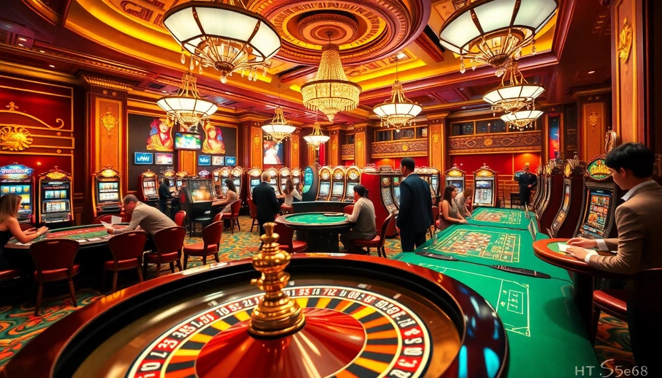 Experience the thrill of gambling at HT368 casino with vibrant tables and spinning roulette wheels.