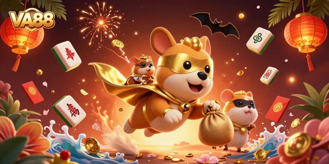 VA88 showcases a triumphant superhero dog flying among vibrant casino elements, enriching your gaming experience.