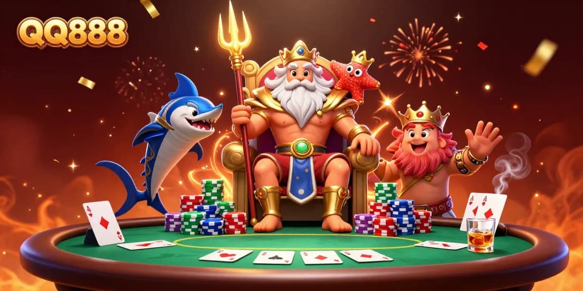 Win big with QQ888 in this vibrant 3D illustration showcasing thrilling poker action and festive elements.