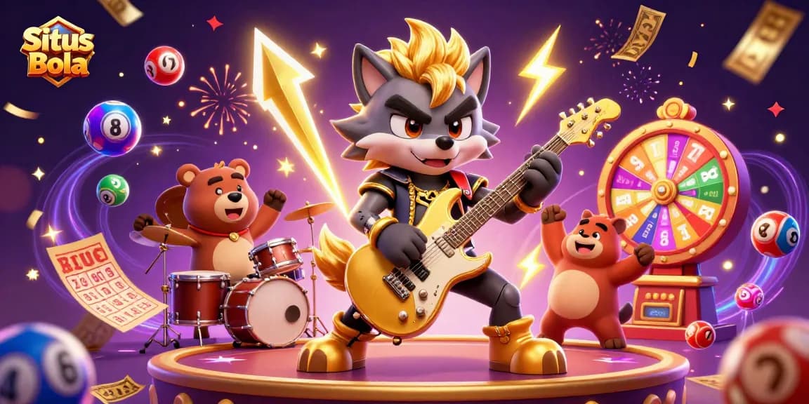 Situs Bola showcases a dynamic casino illustration featuring a rock star wolf and drummer bear amidst vibrant gaming elements.