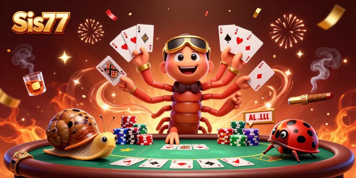 Sis77 menampilkan dealer permainan dengan kartu, tumpukan chip, dan suasana kasino yang meriah.
