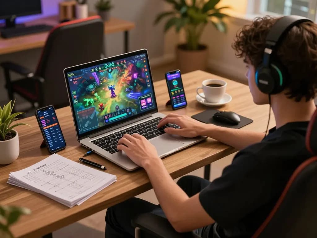 Engaging in Go88 online gaming with a stylish gaming setup and strategy notes.