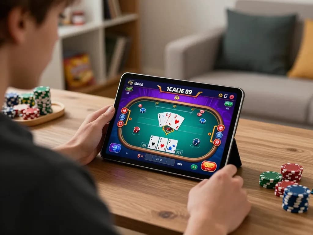 Player enjoying poker gameplay on a tablet at home, showcasing 789 gaming action in a cozy atmosphere.