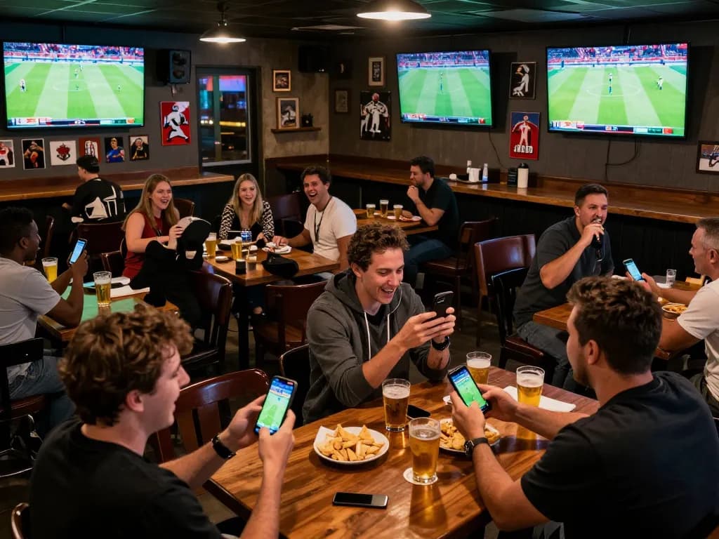Patrons engaging in sports betting South Africa at a lively sports bar, with multiple screens showing live games and smartphones in use.