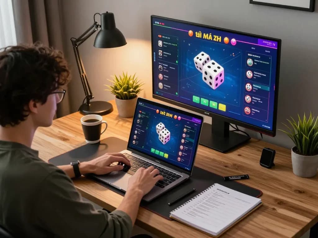 Tài xỉu online gameplay in a modern home workspace with engaging betting interface on laptop