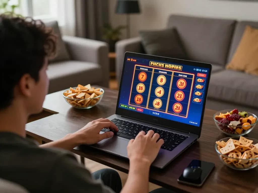 Engaged in online gambling, a player navigates BETWIN4D slots on a laptop.