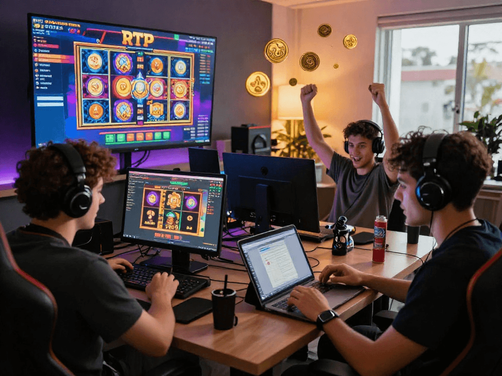 Exciting online gaming environment with players enjoying nx303 slot games, celebrating wins and showcasing vibrant RTP graphics.