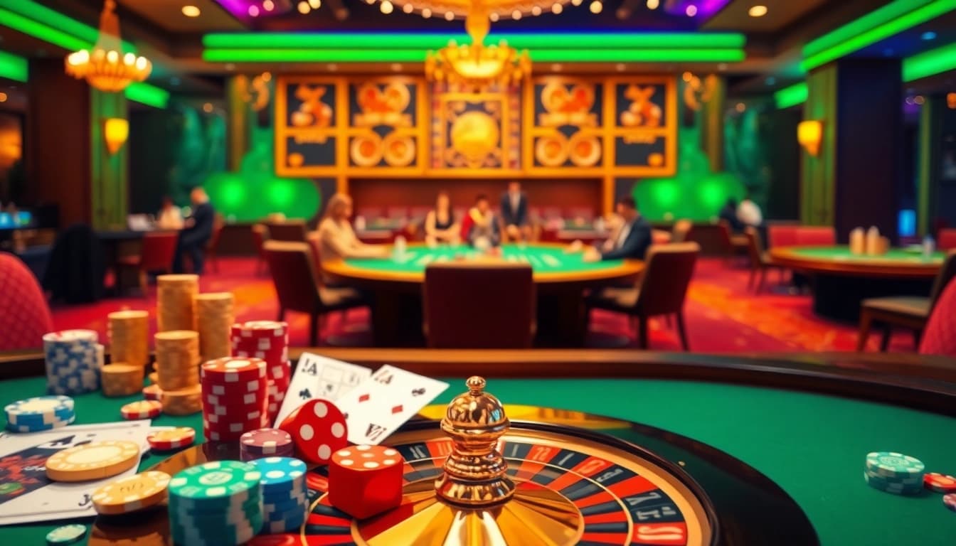 Engaging scene of online gambling with 88aa, showcasing casino elements like poker chips and roulette wheels.