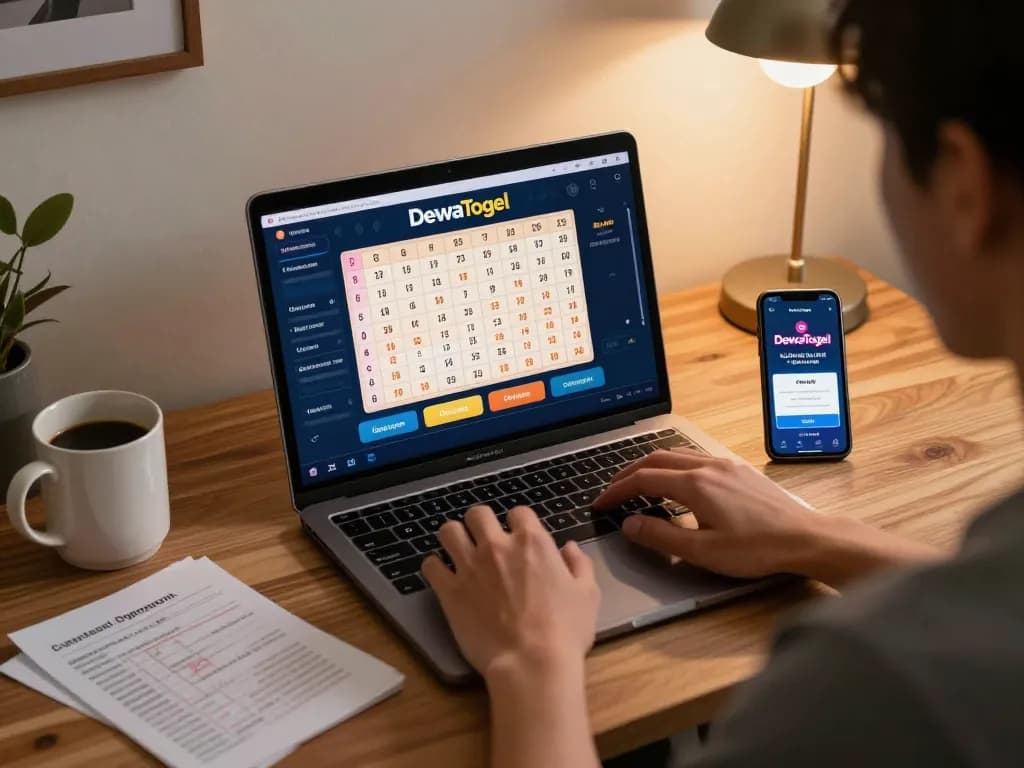 DewaTogel Link Alternatif Login Terbaru shown on a laptop while a player engages in online gambling.