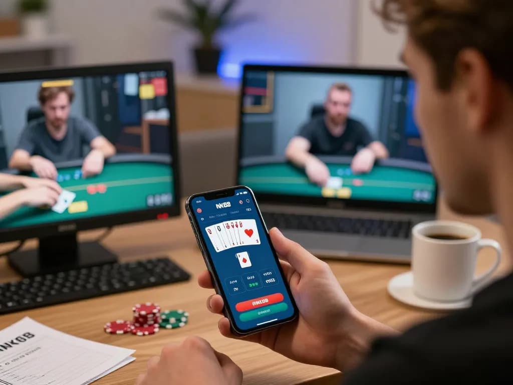 Players strategizing in a poker game using the NK88 app on their smartphone, showcasing responsible gaming.
