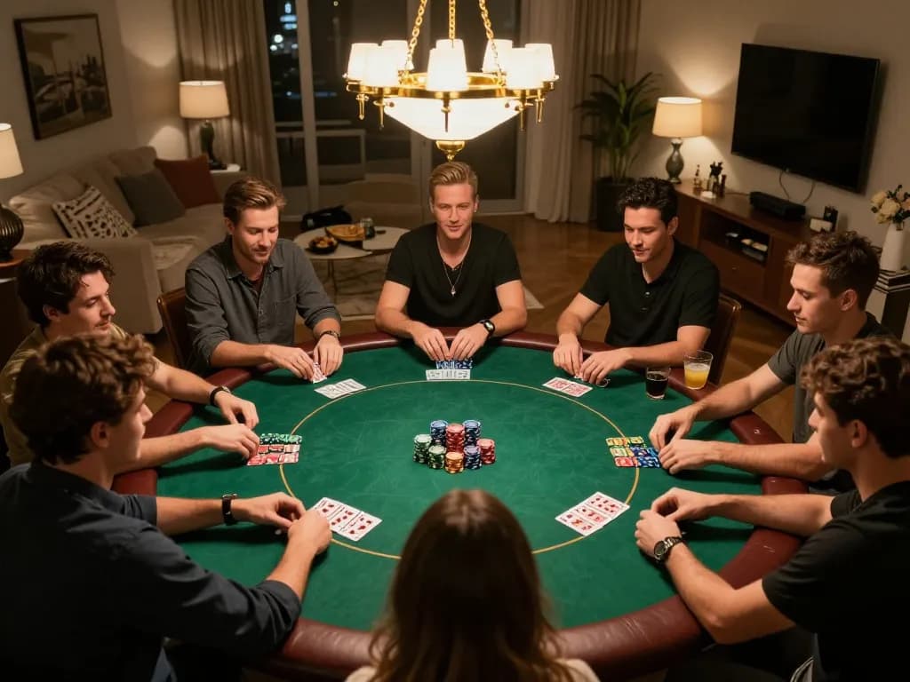 sp8bet players enjoying a lively poker game at home, showing engaged friends, chips, and warm lighting.