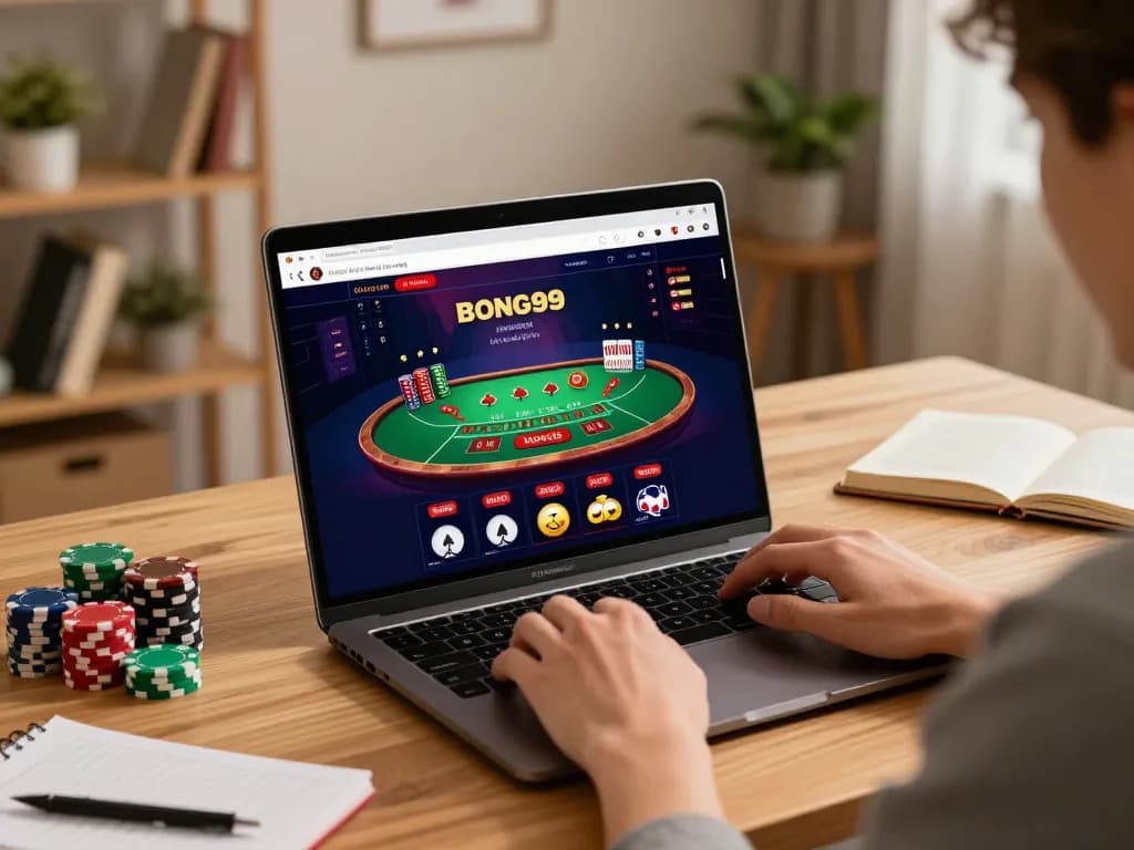 Bong99 online blackjack action with player engaged at home gaming setup, showcasing strategy and excitement.