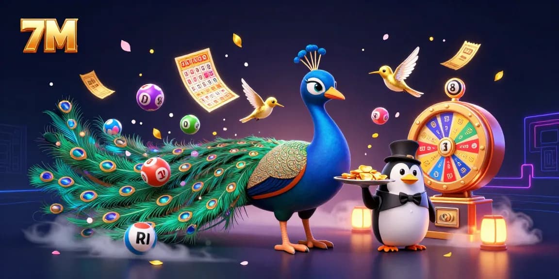 Engage with 7M's vibrant lottery scene featuring a peacock, penguin, and hummingbird surrounded by colorful game elements.