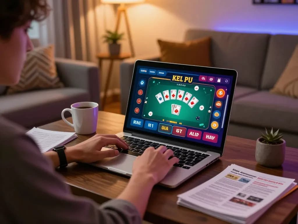 B52CLUB player engaging in online poker game, cozy home setup highlighting strategic gaming environment