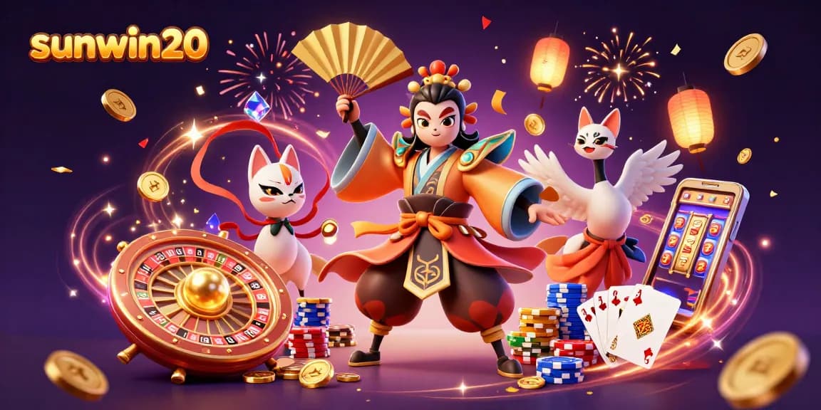 Experience thrilling gaming action with sunwin20's vibrant casino illustration featuring dramatic characters and elements.