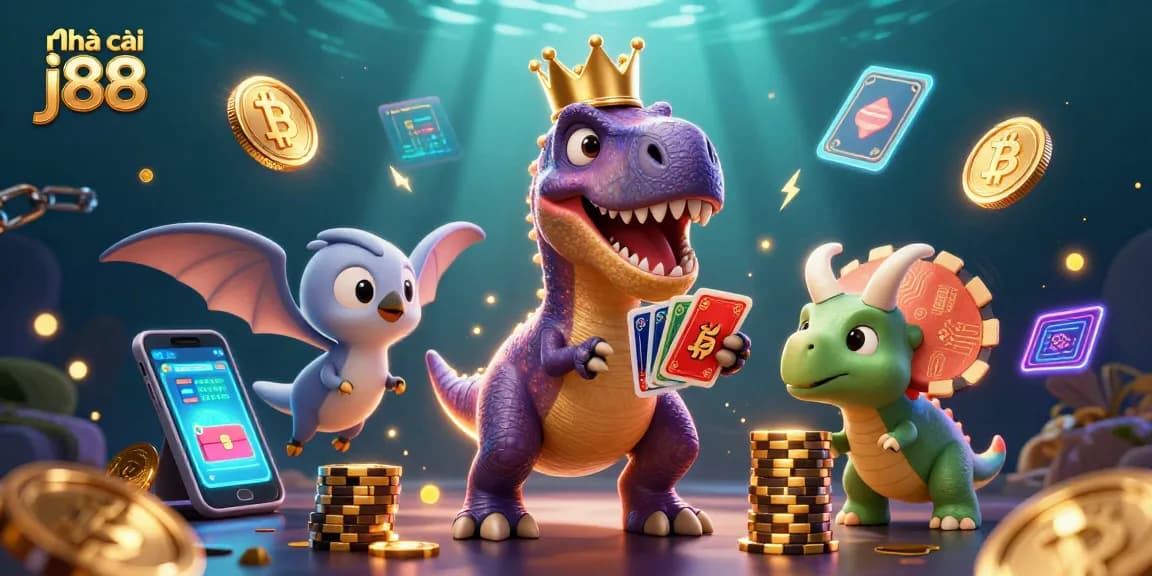 Experience the excitement of nhà cái j88 with a playful T-Rex and vibrant casino elements.