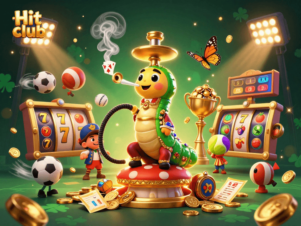 Hit club illustrated with a vibrant scene of a hookah-master, slot reels, and flying sports elements.