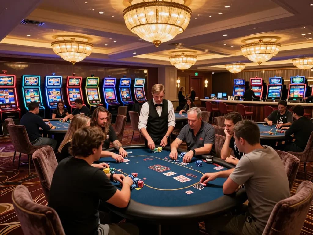 VU88 players engaging in exciting poker gameplay at a luxurious casino setting with vibrant atmosphere