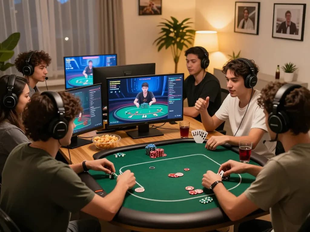 Teman-teman yang terlibat dalam permainan poker online di rumah sambil menggunakan jus77, menekankan permainan sosial dan strategi bermain.