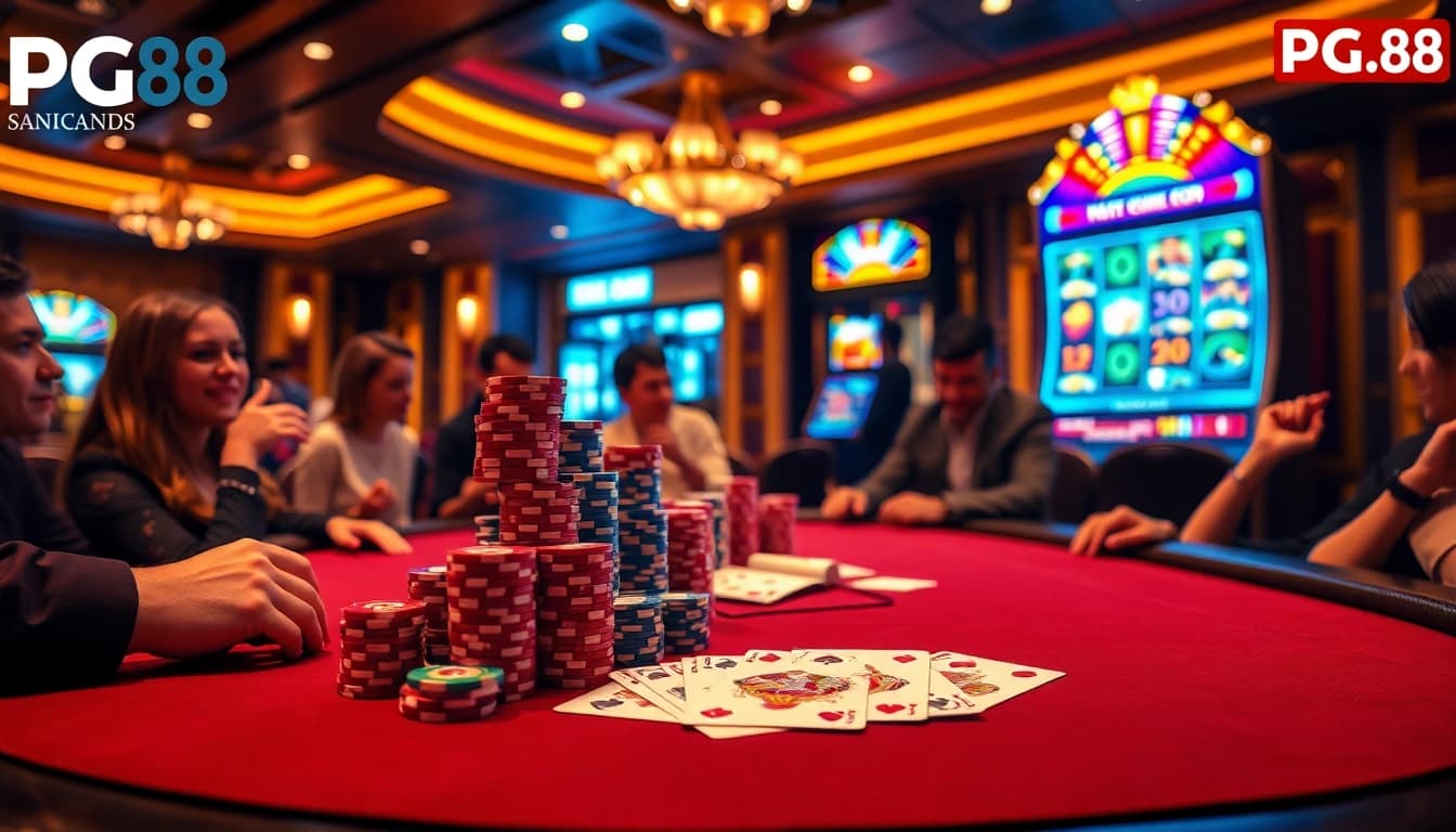 Players experiencing excitement at PG88's luxury casino gaming table with colorful chips.