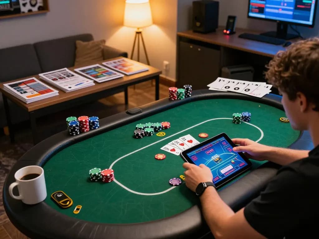 Engaged player exploring to188 online poker strategies on a tablet with cozy home ambiance