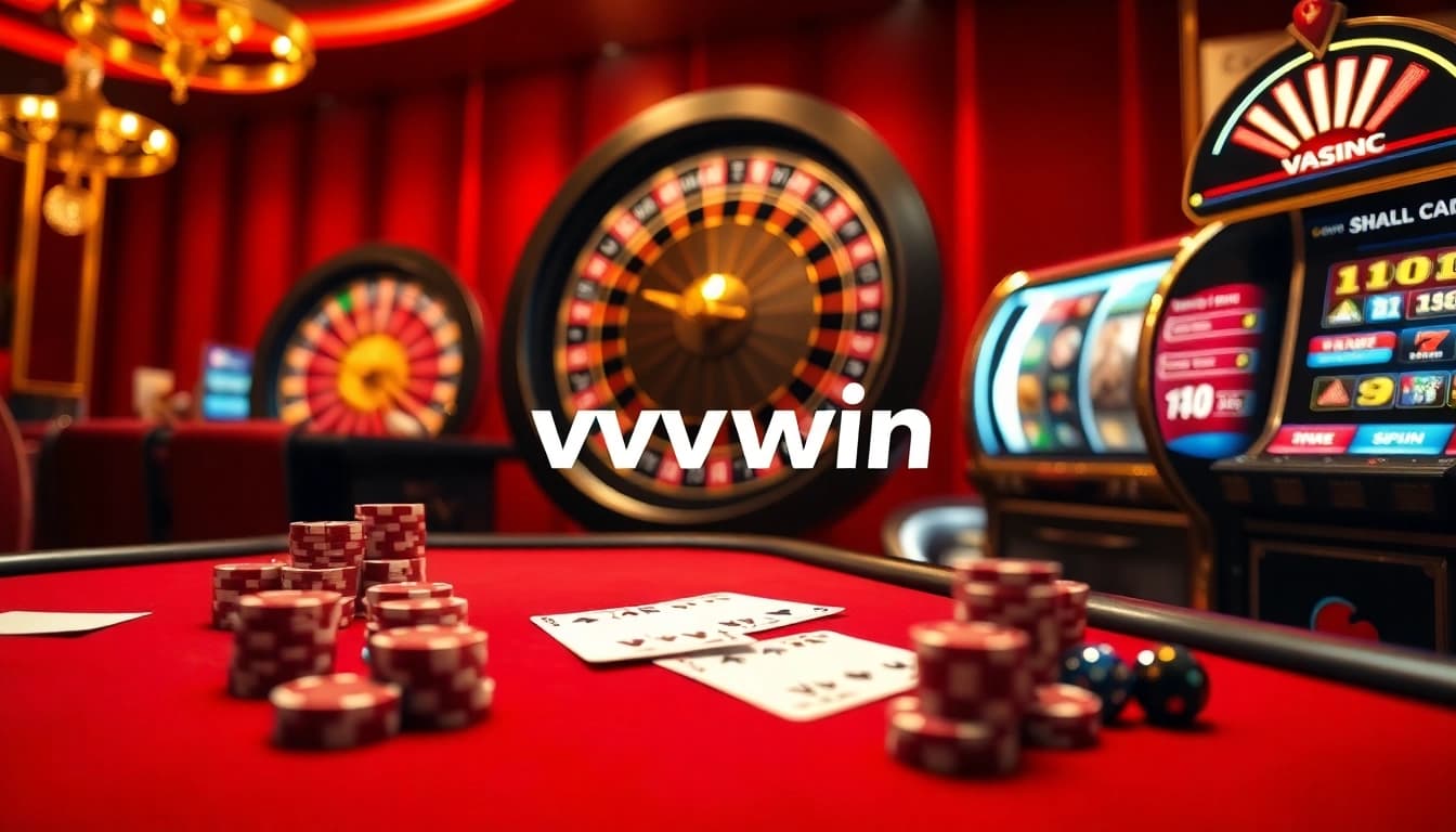 Experience the thrill of vvvwin with vibrant casino elements like poker chips and a spinning roulette wheel.