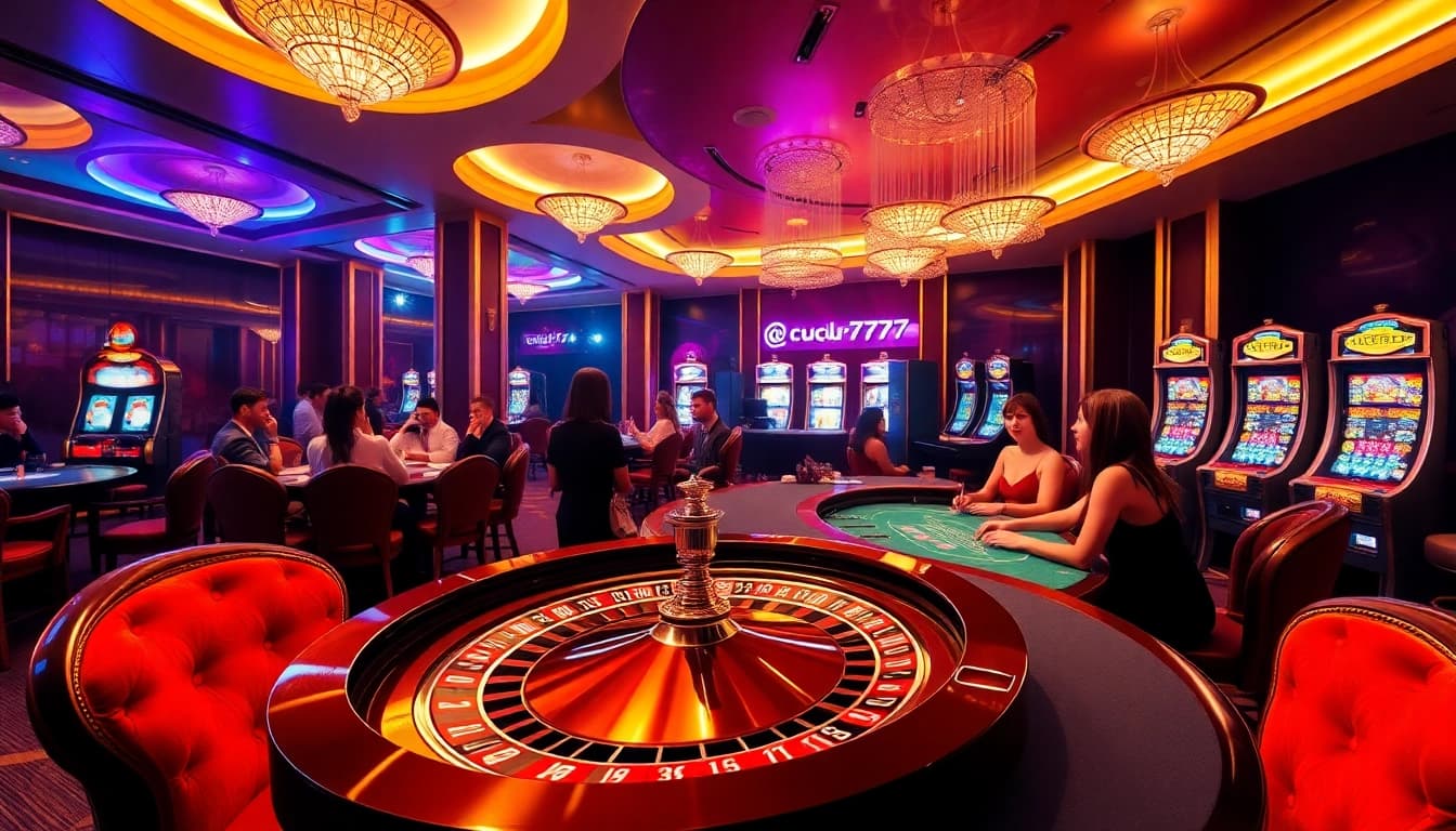 Experience the excitement of cucu 777 at a luxurious casino with roulette, poker, and vibrant slot machines.