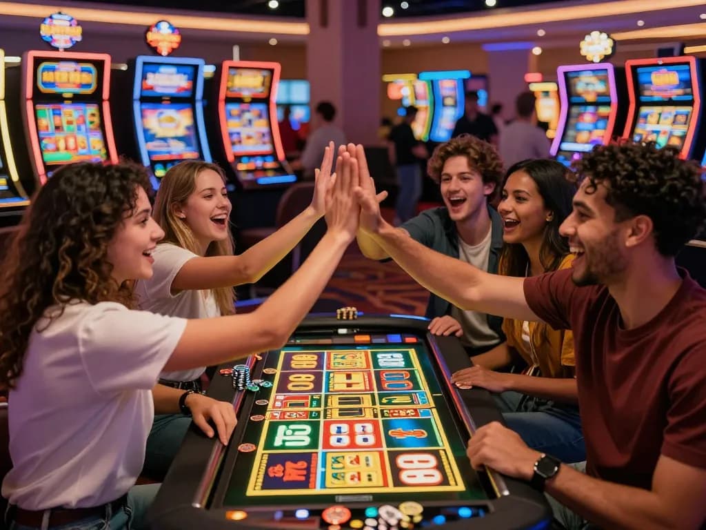 Friends enjoying the Lucky 88 slot machine in a lively casino atmosphere with bright lights and excitement.